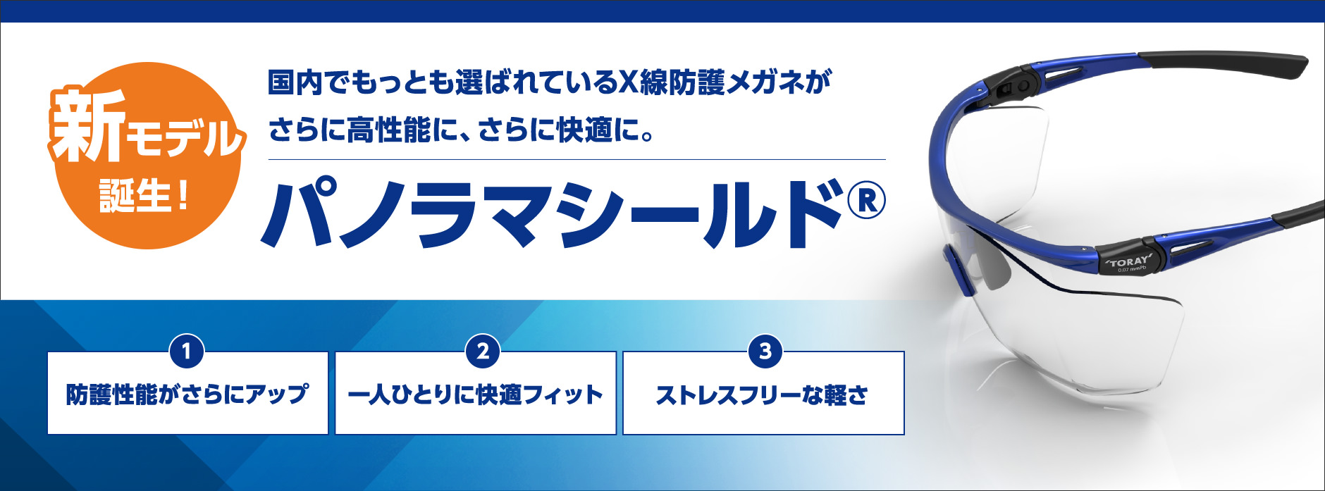 新モデル誕生！国内でもっとも選ばれているX線防護メガネがさらに高性能に、さらに快適に。パノラマシールド 1.防護性能がさらにアップ、2.一人ひとりに快適フィット、3.ストレスフリーな軽さ